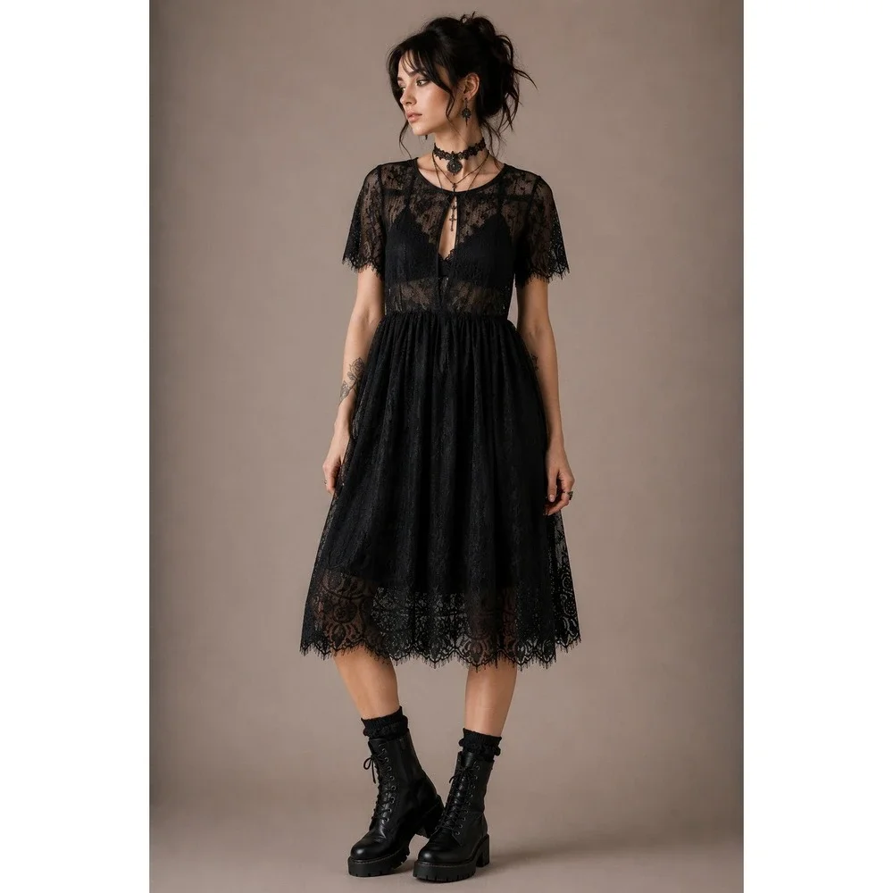 SHEIN Whimsigoth Dark Romantic Black Lace Midi Dress Small Witchy Goth